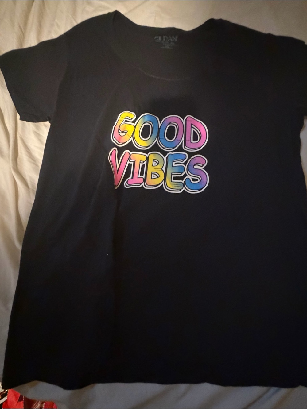 Gildan Black Kids Tee with Rainbow "Good Vibes" Graphic
